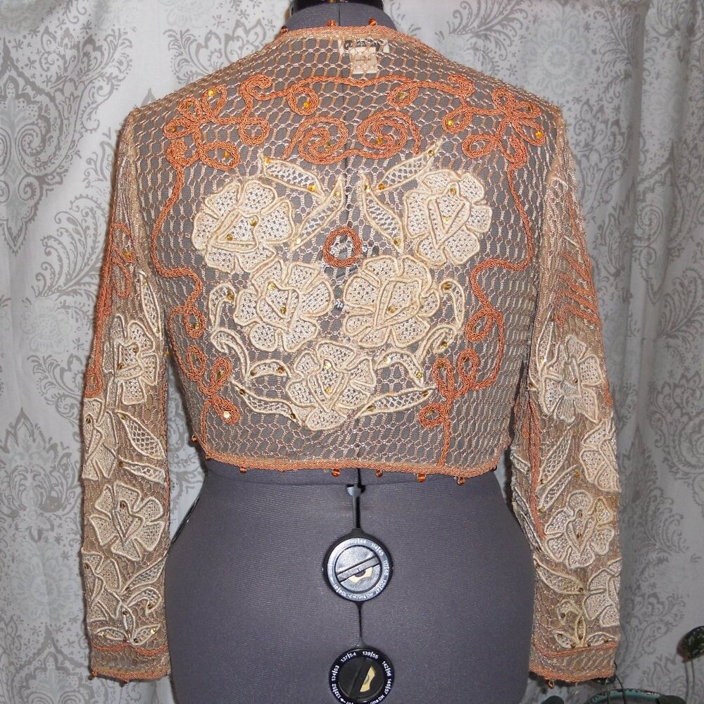 Vtg Sandy Starkman L Tan Cream Lt Peach L/S Bolero Jacket